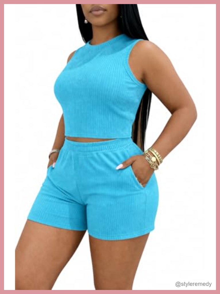 Ribbed Knit Crop Tank & High Waist Biker Shorts Set With Pockets